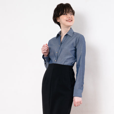 ●LEONIS Women's Easy Care Dungaree Long Sleeve Open Collar Denim Shirt