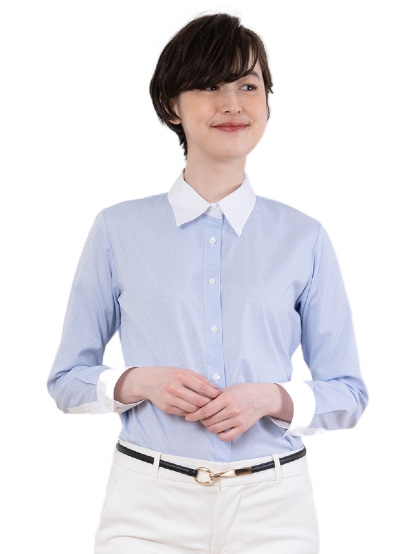 ●Women's 100% Cotton Non Iron White Collared Long Sleeve Shirt