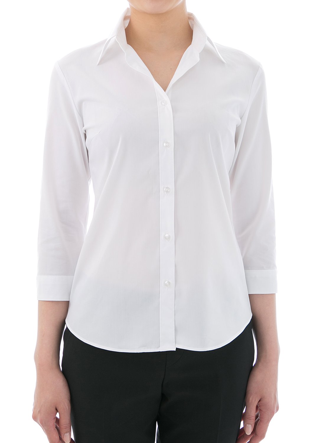 Women's White Dress Shirt  Super Stretch Easy Care Poplin 3/4 Sleeve – LEONIS  SHIRTS & FAVORITES