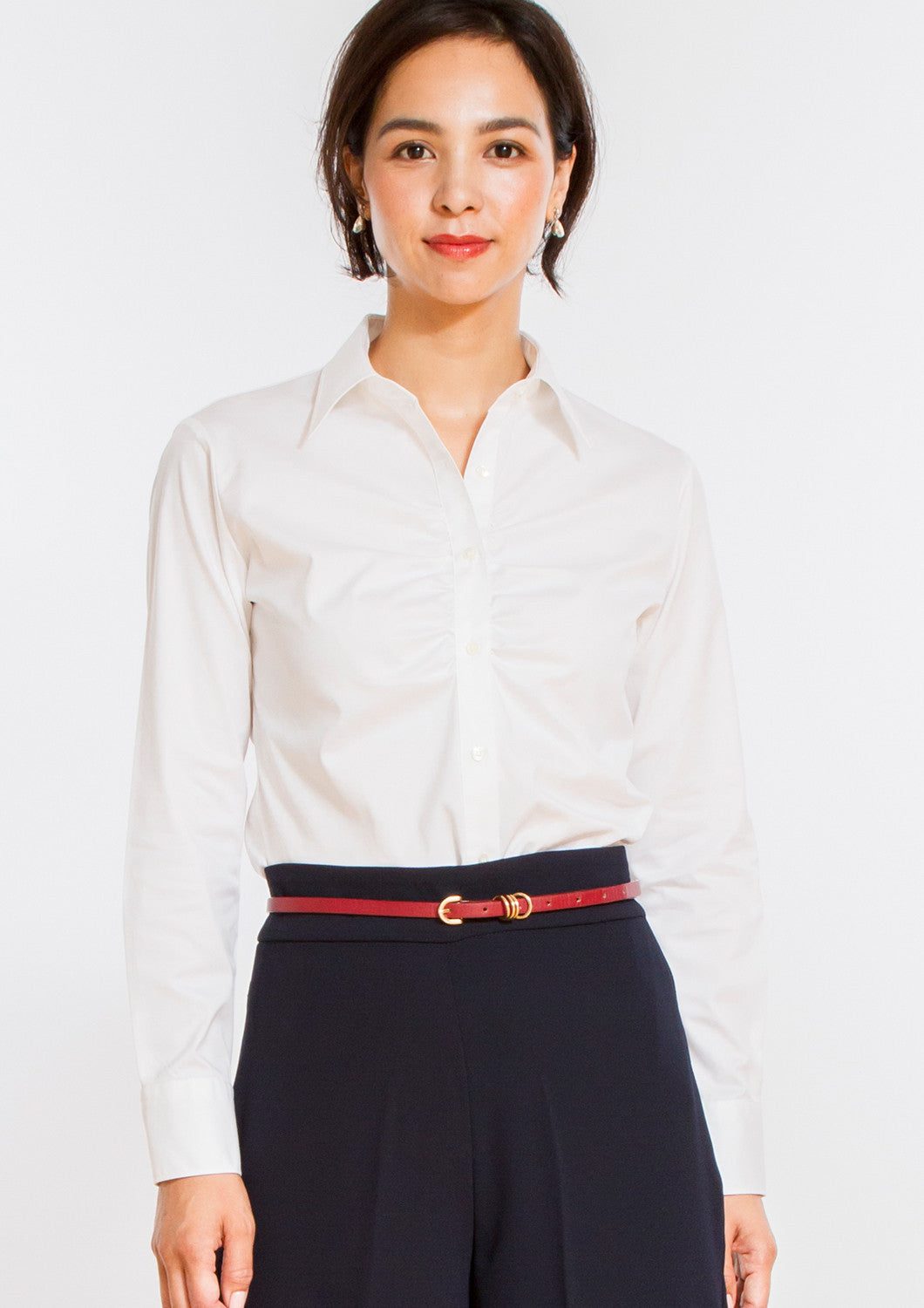 Premium Stretch Easy Care Gathered Placket Long Sleeve Shirt White - LEONIS SHIRTS & FAVORITES