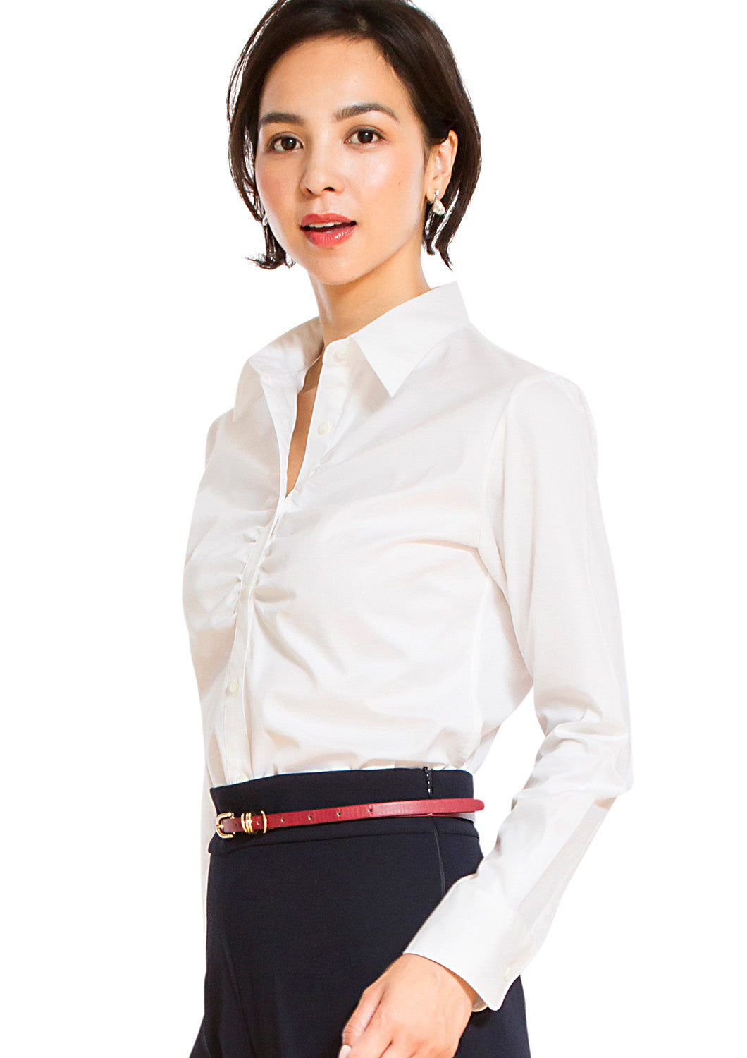 Premium Stretch Easy Care Gathered Placket Long Sleeve Shirt White - LEONIS SHIRTS & FAVORITES