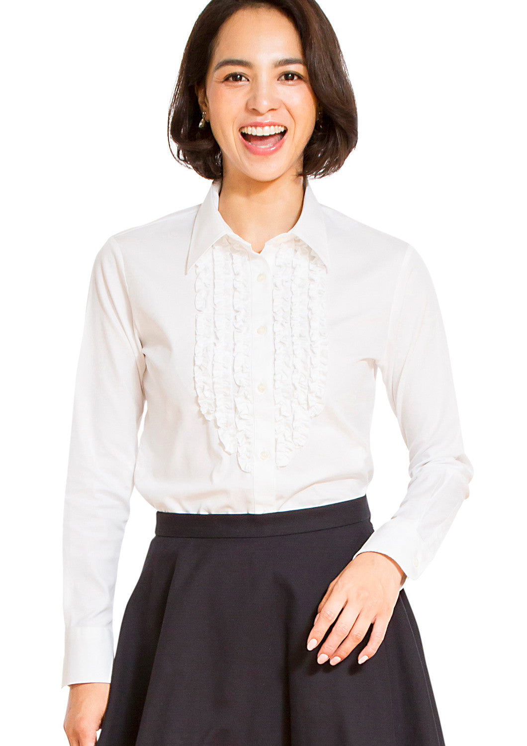 Premium Stretch Easy Care Ruffle Long Sleeve Shirt White - LEONIS SHIRTS & FAVORITES