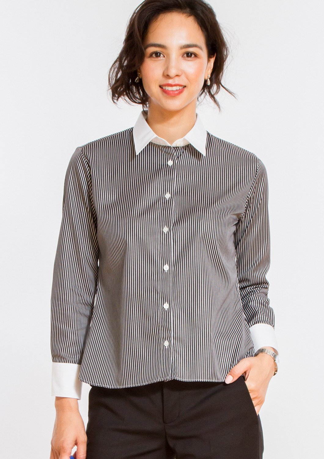 Non Iron Bracelet-Length Sleeve Untucked Shirt Stripe Black - LEONIS SHIRTS & FAVORITES