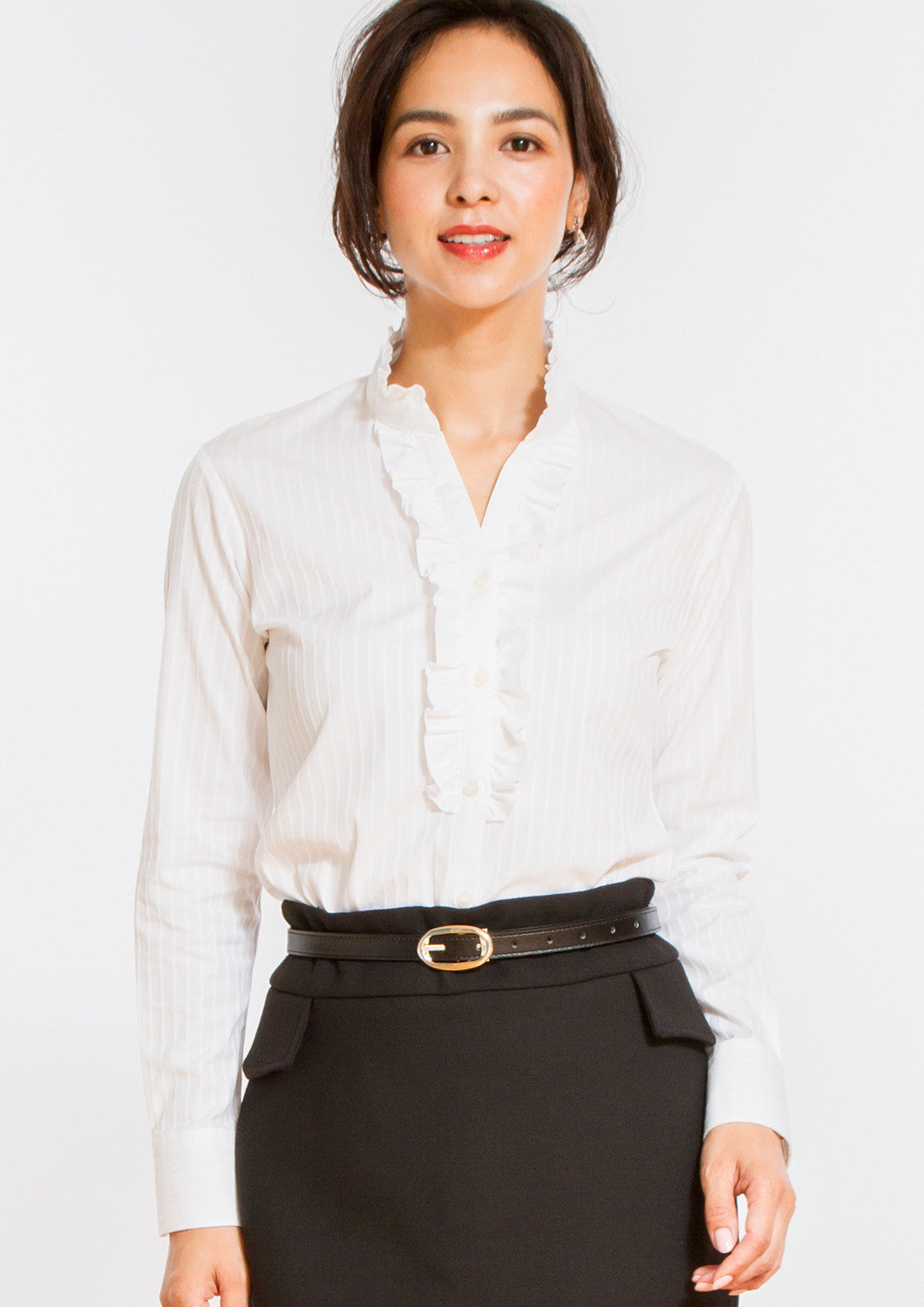 Premium Stretch Easy Care Ruffled Stand Collar Long Sleeve Shirt Stripe White - LEONIS SHIRTS & FAVORITES