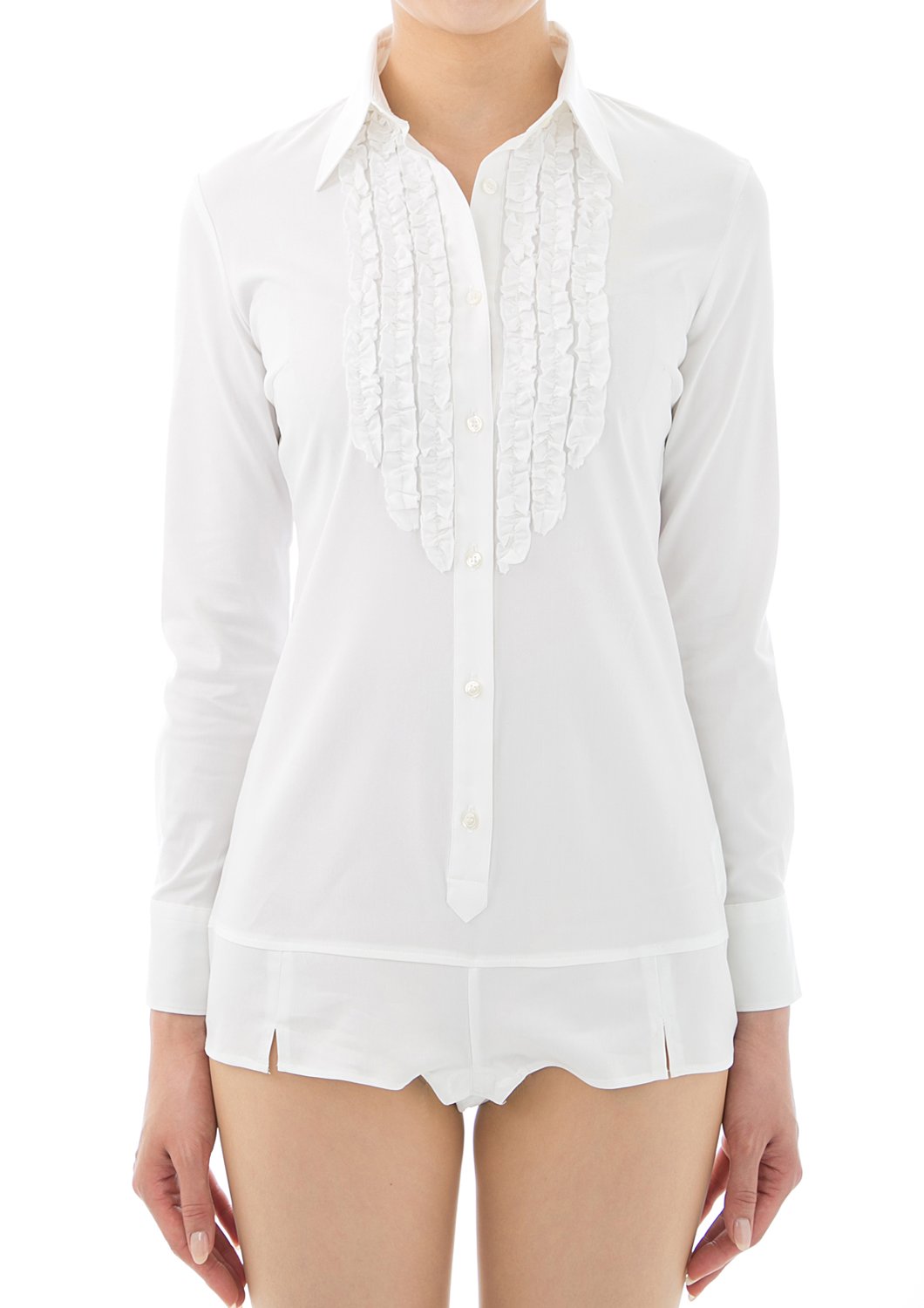 Premium Stretch Easy Care Long Sleeve Bodysuit Shirt White Frill - LEONIS SHIRTS & FAVORITES